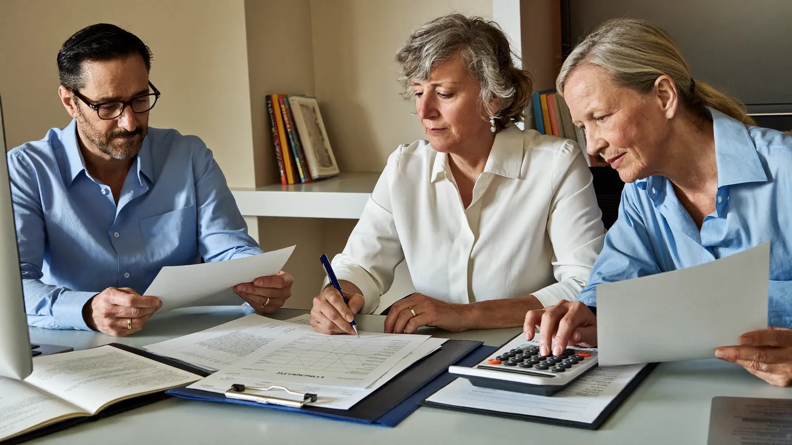 A planner reviewing Medicaid paperwork and figures with an older couple