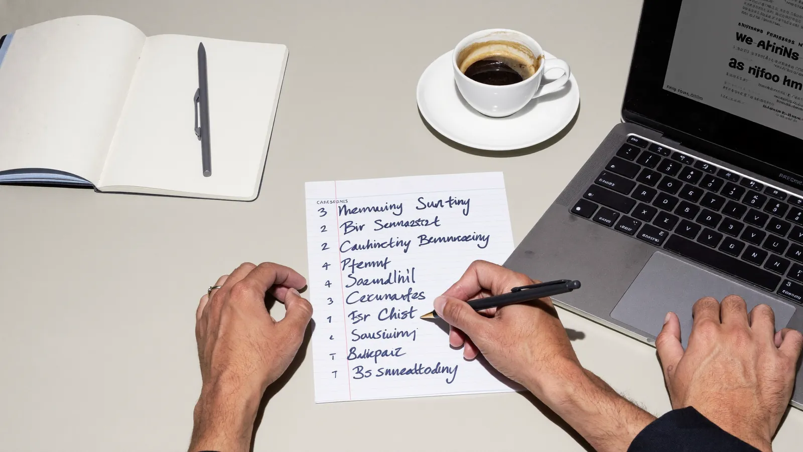 A short list of community names written on a notepad beside a laptop