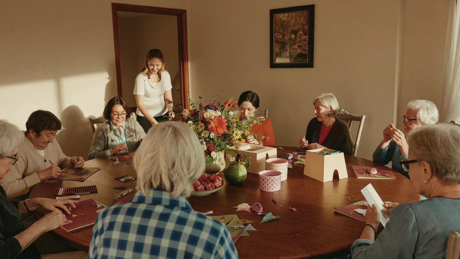 Residents in memory care doing a hands on flower activity with a staff member