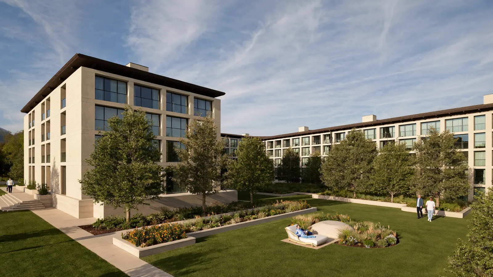 Exterior of a continuing care retirement campus in Colorado at golden hour