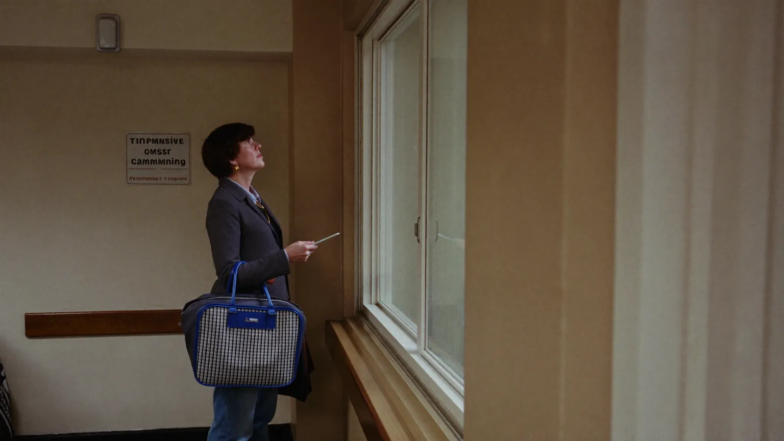 A visitor pausing in a care community corridor to notice details during a tour