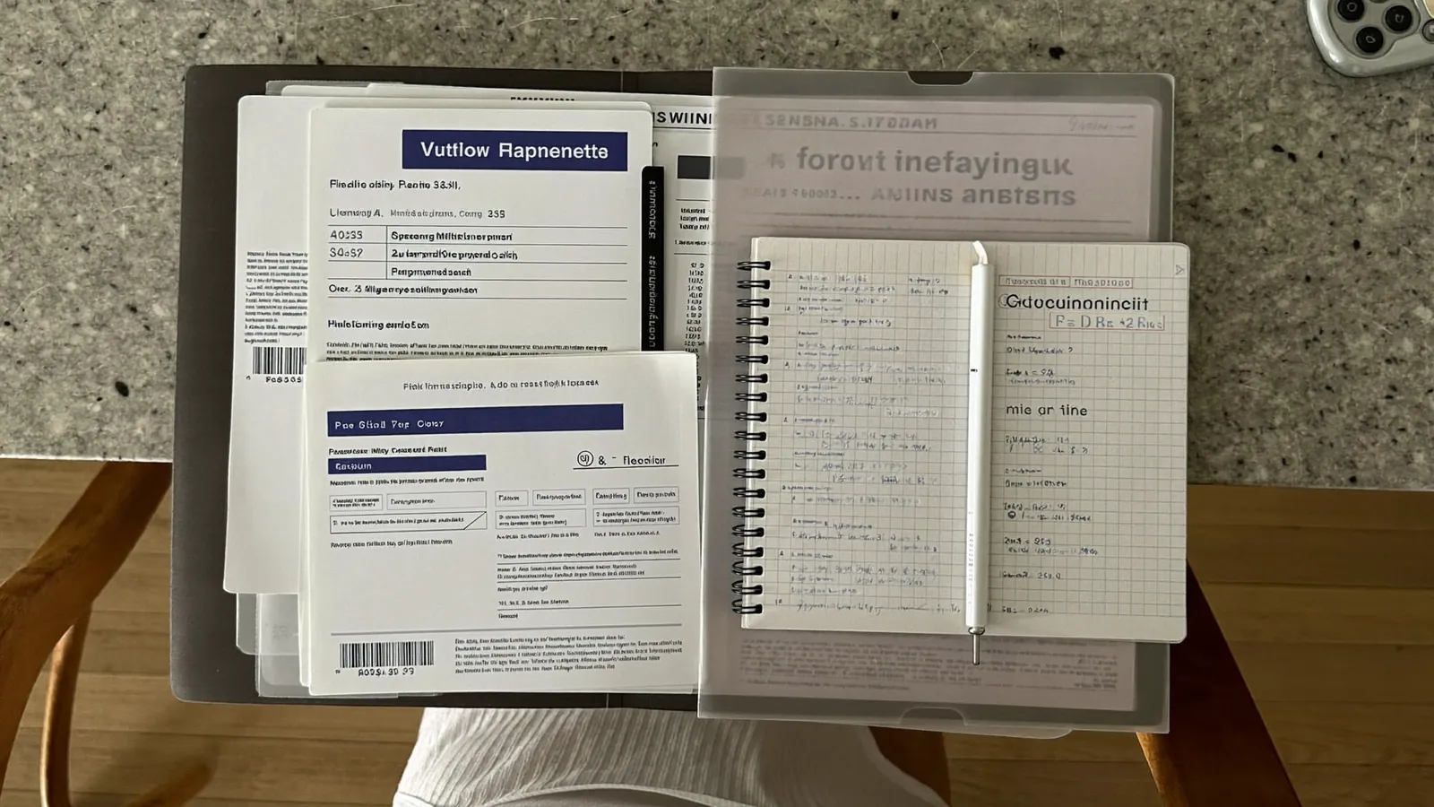 Documents, insurance cards, and a medication list laid out before a first call