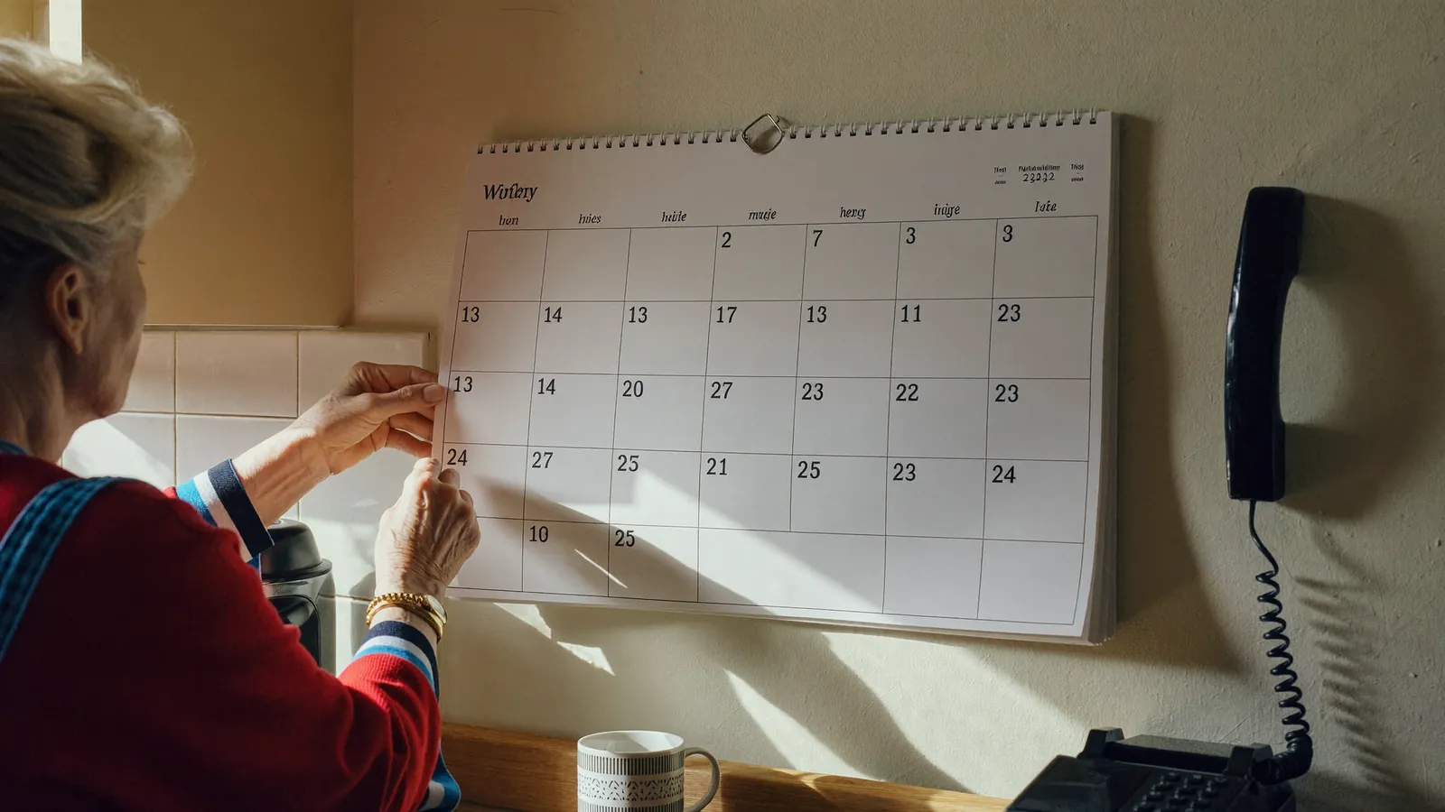 A woman checking dates on a wall calendar while planning a senior living move