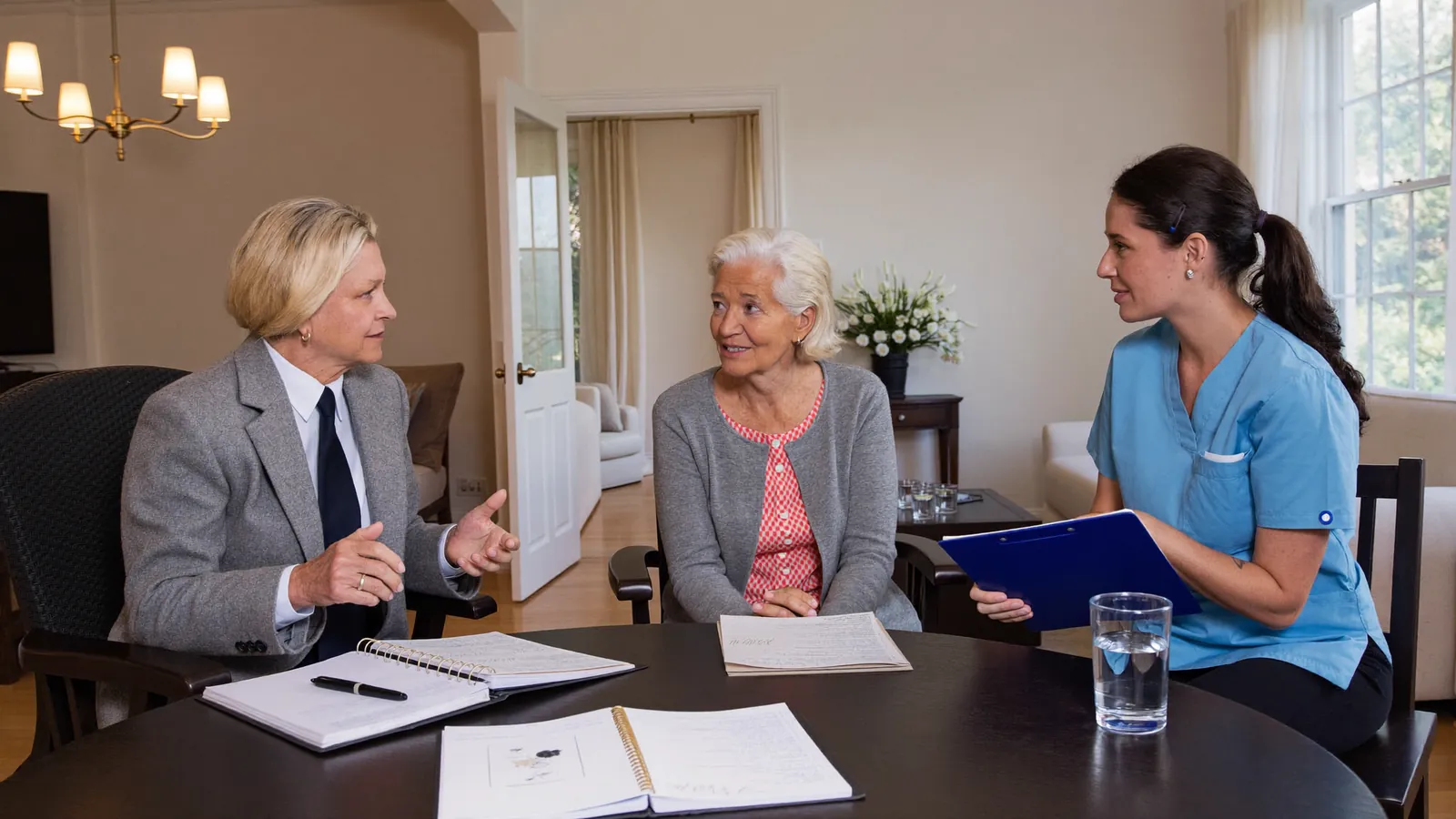 A placement advisor and a care manager meeting with an older woman in her living room