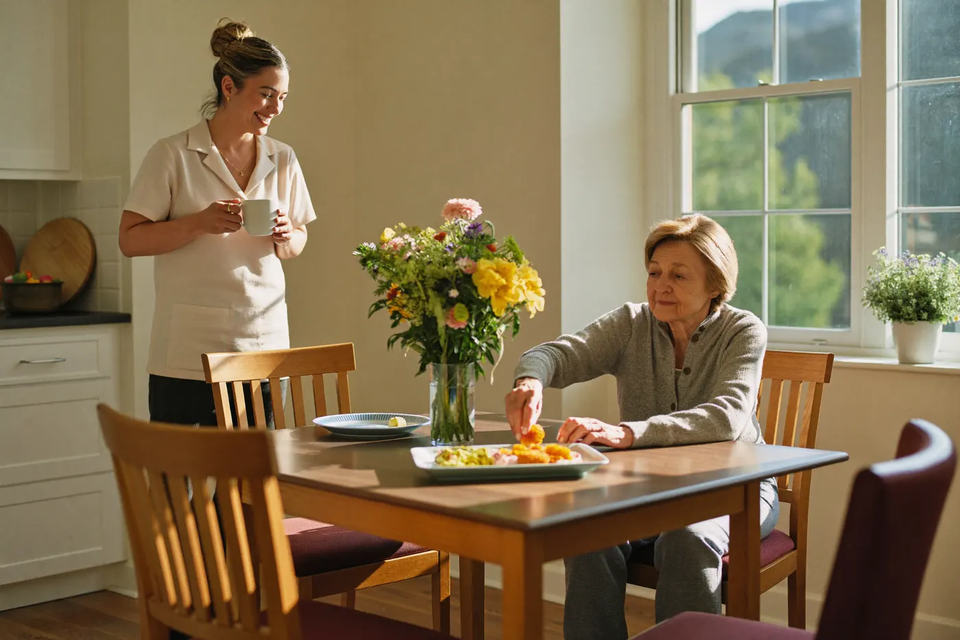 An older woman arranges flowers in her assisted living apartment while a care team member visits