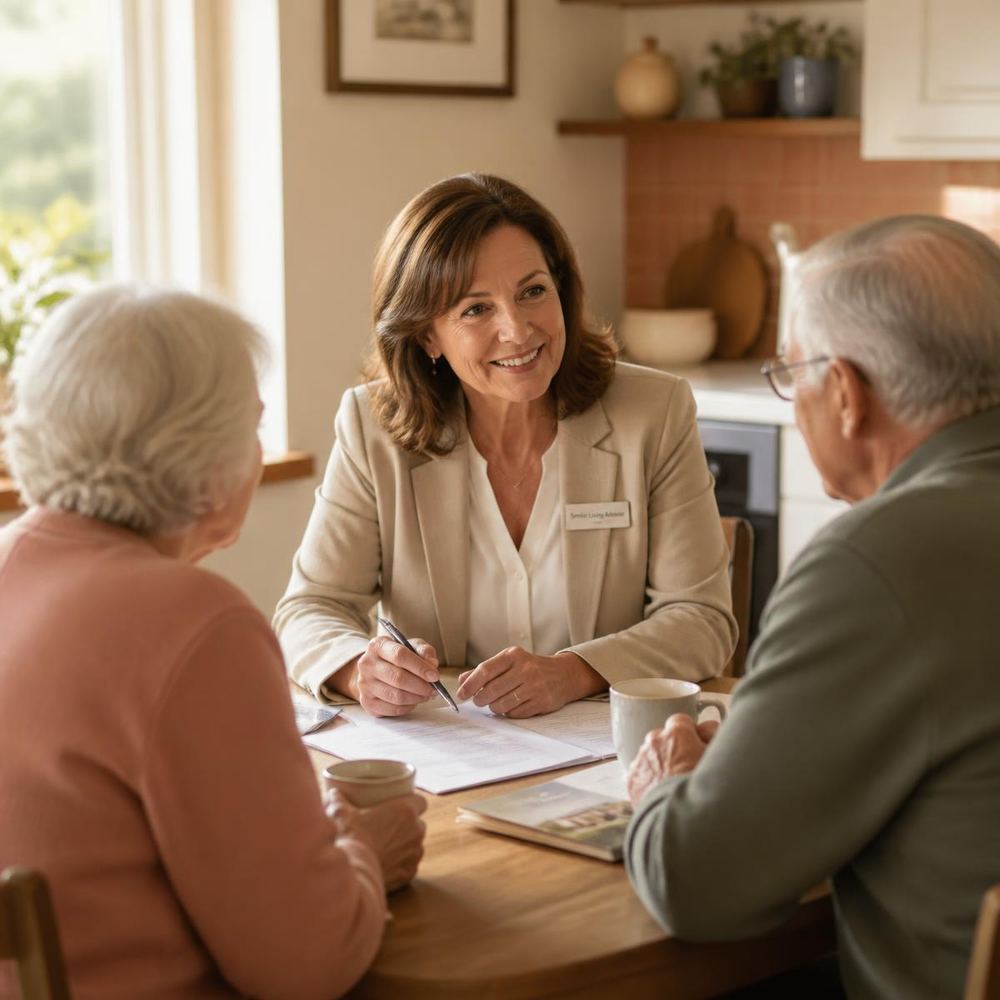 A senior living advisor reviewing care options with an older couple at their kitchen table