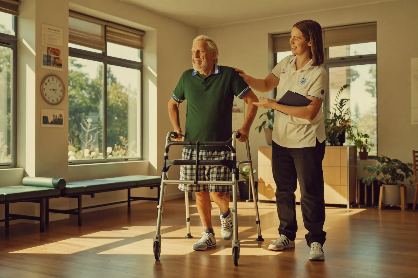 A therapist steadies an older man using a walker in a bright rehabilitation therapy room
